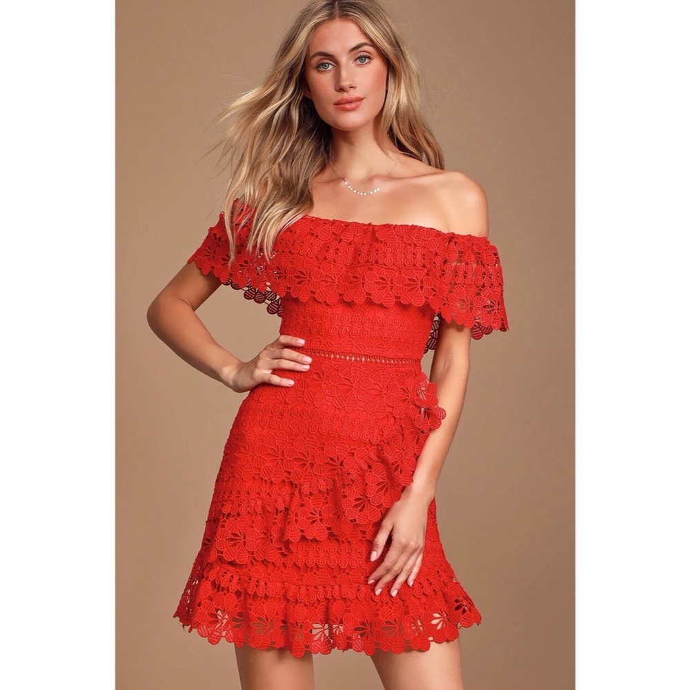 Lulu’s Frill & Grace Red Lace Off-the-Shoulder Dress